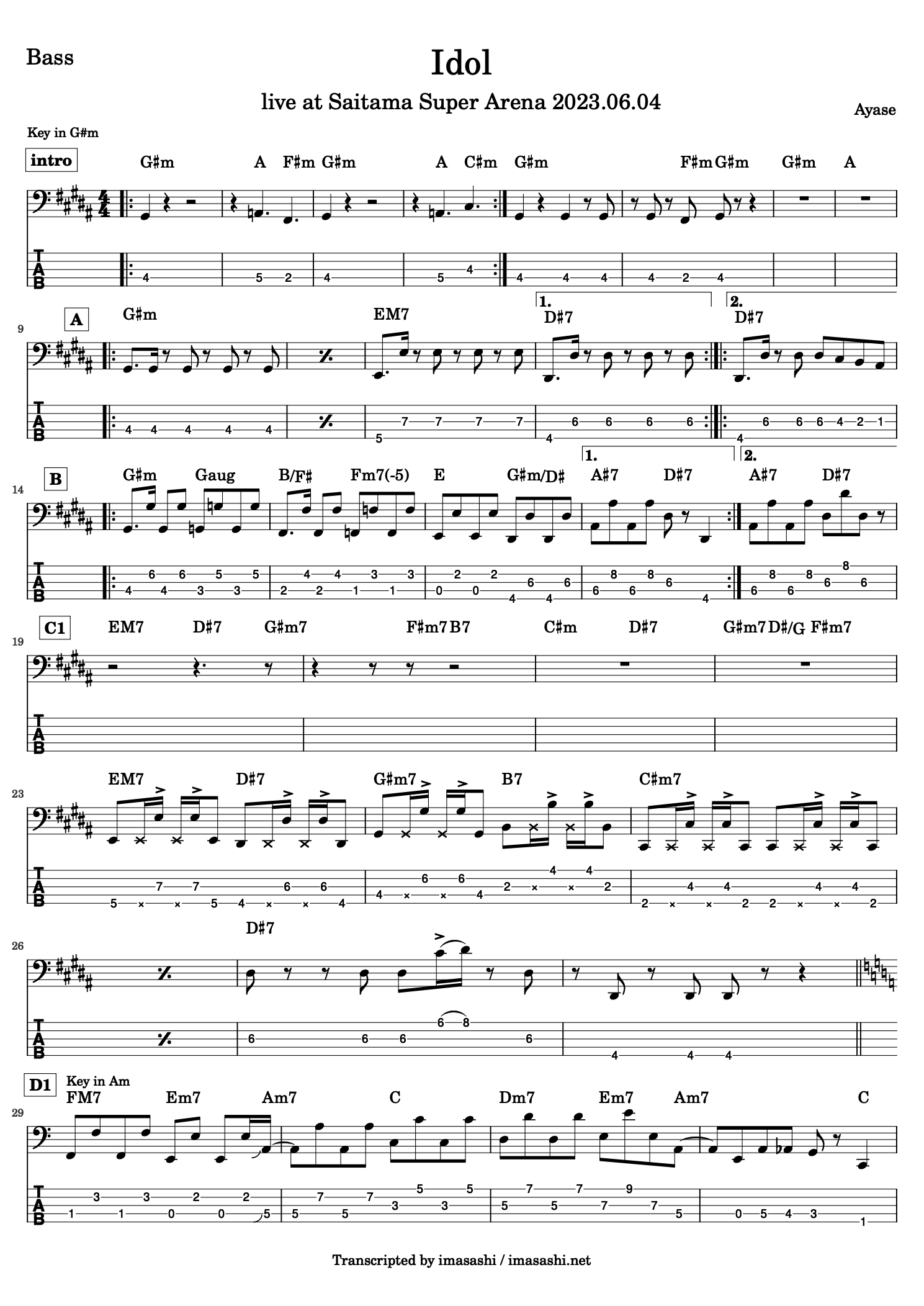 Bass tabs and chord progression of Yoasobi's 'Idol' - page 1